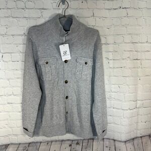 NEW Collars & Co Mens Gray Wool Cashmere Blend Mock Neck Button Cardigan Sweater
